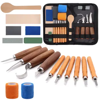 19PCS Комплект инструменти за дърворезба Ръчен нож за дърворезба Комплект за рязане на дървена лъжица Подаръци за начинаещи Професионални възрастни Дървообработване Направи си сам