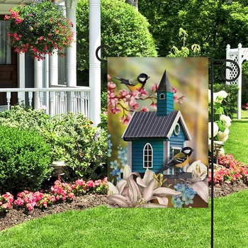 1PC Къща, птица и цвете модел бельо памук градина флаг банер вътрешен открит дом градина висящи декор