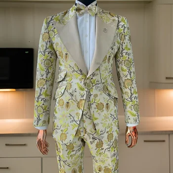 2 бр. Флорални костюми за мъже Slim Fit жакард сватба младоженец смокинг по поръчка мъжки моден костюм 2024 (яке + панталони)