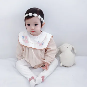 2023 Корейско лято Ново малко дете момиче гащеризони гащеризон памук широк ревера бродерия Lattern ръкав хлабав новородено момиче боди