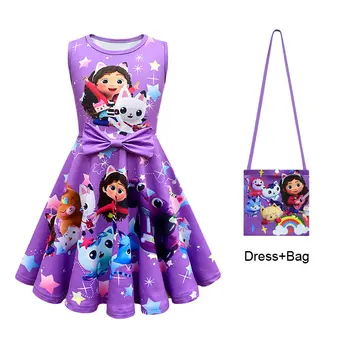 2023 Лятна рокля за кукли Gabbys за тийнейджър момиче костюм Къща за кукли Габи Kid Up Bow Cartoon Print Frock + чанта Детска туника