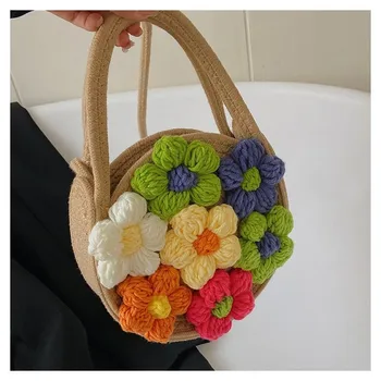 2023 Лято ново памучно въже тъкани дамска чанта цвете чанта дизайнер едно рамо луксозна ръчна дамска чанта мода плажна чанта