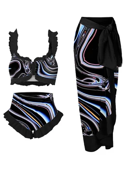 2023 Шик райета отпечатани бикини комплект мода черно едно парче бански покриване комплект жени луксозни бански костюми бански костюм плажно облекло