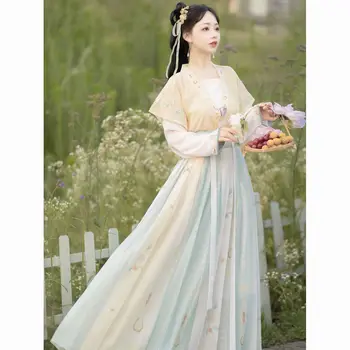 2024 китайски реколта обло деколте къса риза половин ръкави и талия дължина дишаща жени ежедневно народни танци ханфу рокля комплект