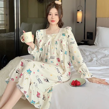 2024 Пролет плюс размер дълъг ръкав памучни нощници за жени корейски сладък карикатура спално облекло нощница нощница дома Nighty