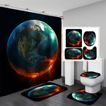 3D Земя баня завеса комплект планета звездно небе душ завеси водоустойчив нехлъзгаща баня мат килими килим тоалетна капак 12 куки