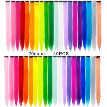 40Pcs цветен клип в разширения за коса 22Inch Rainbow синтетичен многоцветен парти подчертае прическа за жени момичета деца подаръци
