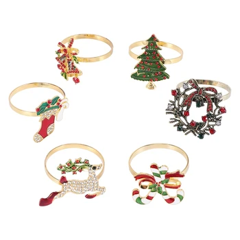 6Pcs Коледни пръстени за салфетки Коледа салфетка притежател пръстени венец за празнично парти вечеря маса декорация