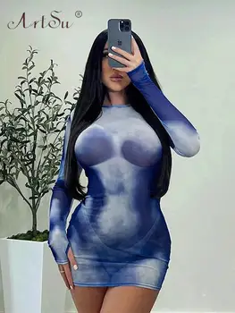 ArtSu Blue 3D тяло отпечатани окото виждам през рокли Секси есен клуб екипировки за жени дълъг ръкав мини бодикон рокля ANDYDR1721