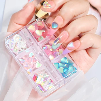 Aurora Heart Ice Cube Nail Art Charms 3D кристални кристали смола нокти декорации DIY Kawaii Bow Bear аксесоари за маникюр