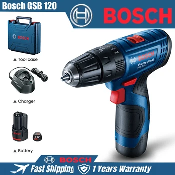 Bosch GSB120 акумулаторна електрическа отвертка ударна бормашина Безстепенно регулиране на скоростта Led ръчна електрическа бормашина с 2 литиево-йонна батерия