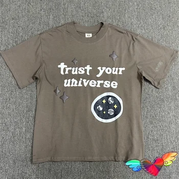 Brown Broken Planet Market Trust Your Universe T-shirt Men Women Puff Print Broken Planet Tee Neckline Label Tops Short Sleeve
