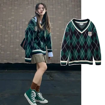 Deeptown реколта карирана v-образно деколте пуловери жени извънгабаритни Harajuku корейски мода Preppy стил трикотажни пуловери Jk училище униформа