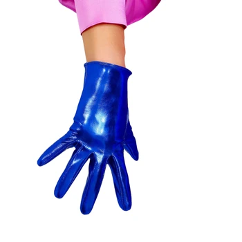 DooWay Дамски лачени ръкавици китката къс блясък електрически син изкуствена латекс електрически кобалт Royal Blue Cosplay вечерни ръкавици