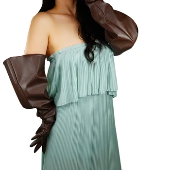 DooWay Унисекс кафяви кожени ръкавици извънгабаритни PUFF SLEEV дълги 70 см изкуствена PU кафе модно събитие обличане косплей опера вечер