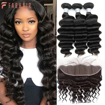 FABHAIR Loose Deep Wave 3 Bundles With Frontal 13x4 Free Part Ear to Ear Lace Frontal Brazilian Remy Human Hair Natural Color
