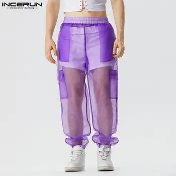 Fashion Clubwear стил панталони INCERUN нови мъже парти показва гореща продажба дълги панталони секси твърди прозрачни мрежи тънки панталони S-5XL
