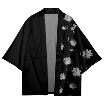 Fashion Streetwear White Print Haori Мъже Жени Жилетка Beach Yukata Азиатски дрехи Японски Cosplay Черно кимоно плюс размер