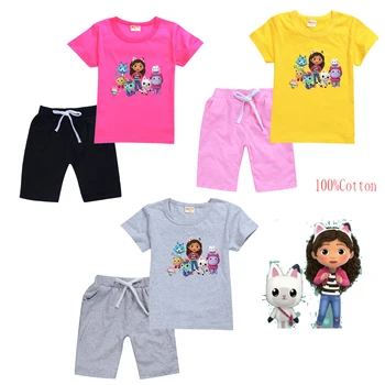 Gabby's Doll House Girls Boys Tshirt Set Summer Short Sleeve Cartoon Print Casual Wear Детска чиста памучна тениска + Mid Pants 2pcs