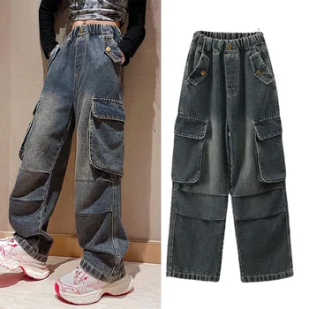 Girls Cargo Pants Jeans 2024 Пролетна мода Тийнейджърско училище Ежедневни прави широки крака дънки за деца 4-15 години Детски панталони