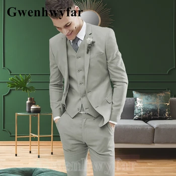 Gwenhwyfar есен нов стил мъжки костюм мъжки костюм Notch ревера мода сив младоженец сватба тънък 3 парчета костюм яке + панталони + жилетка