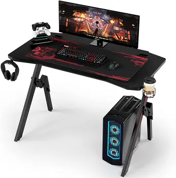 Homfa Gaming Table Ергономично компютърно бюро K-образно игрално бюро с подложка за мишка, държач за чаша, стойка за контролер Кука за слушалки