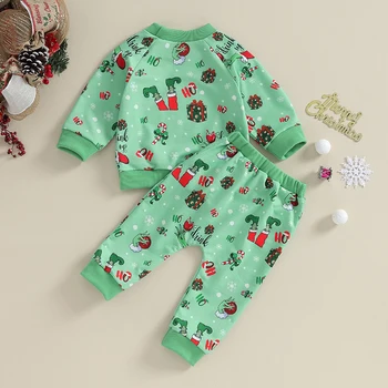 Infant Toddler Boy Коледни тоалети Ризи с дълъг ръкав Гринч печат суитчър зелени панталони комплект 2бр екипировки