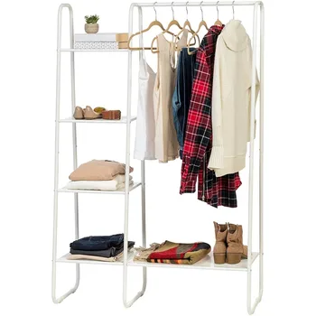 IRIS USA Метална стойка за дрехи с метални мрежести рафтове, бяла закачалка за дрехи, закачалка, стойка за палта, закачалка