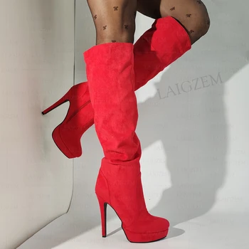 LAIGZEM жени над коляното високи ботуши изкуствена велур цип нагънат тънки високи токчета ботуши ръчно изработени дамски обувки жена голям размер 41 43 45 52