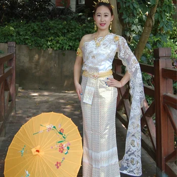 Thai рокля сватба годеж бял ръкав едно рамо върховете пола шал тънък годни Тайланд традиционно облекло за жени