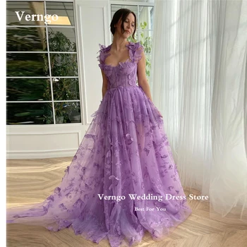 Verngo Fairy Purple Lace Вечерни рокли 2023 Презрамки Sweetheart Butterflies Дължина на пода Абитуриентски рокли Официална рокля за конкурс