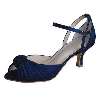 Wedopus Тъмно синьо сватбено тържество Сандал Сатенени летни обувки Mid Heel 6.5CM