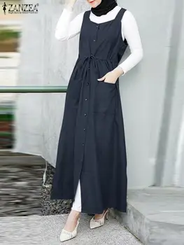 ZANZEA Жени мюсюлманска дълга рокля Турция Abaya Isamic облекло хиджаб vestido рамадан роба Дубай Kaftan реколта тиранти Sundress