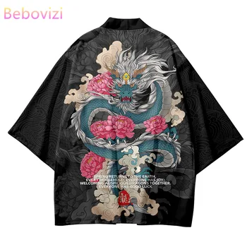Аниме китайски дракон цветя печат жилетка Haori жени мъже косплей юката облекло японски harajuku кимоно плюс размер 6XL 5XL