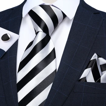 бял черен зебра раирани копринени връзки за мъже 8 см бизнес сватба врата вратовръзка кърпичка копчета за ръкавели аксесоари подарък Gravatas страна