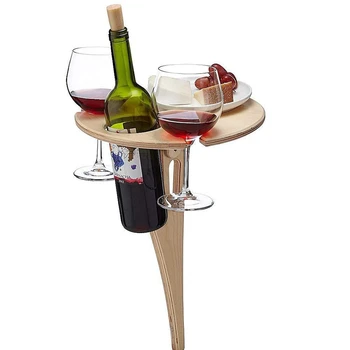 Външна сгъваема плажна дървена маса за вино с мини кръгла настолна туристическа пикник къмпинг оборудване лесно носене ниска стойка за вино