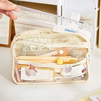 Голям капацитет молив чанта чанта канцеларски материали естетически прозрачен писалка случай цип молив торбичка деца училищни пособия