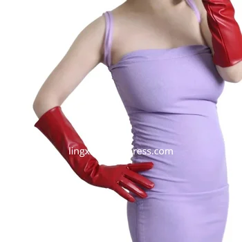 Дамска мода секси широк ръкав изкуствена Pu кожена ръкавица Lady's Club Performance Официално парти кожа дълга червена ръкавица