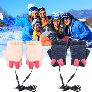 Електрически нагревателни ръкавици USB ръкавици плетени половин пръст топли сладки отоплителни ръкавици супер меки за туризъм Колоездене Каране на ски Писане
