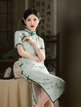 Жените страна цветен печат Cheongsam ретро китайски стил рокля лято къс ръкав Qipao