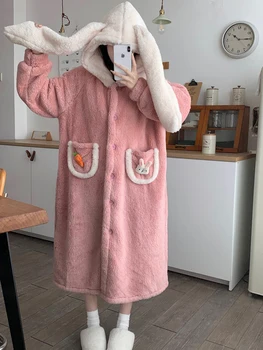 Зимен пълен ръкав Kawaii заешко ухо с качулка у дома Удебеляване на фланела Комфортна пижама Едноредна сладка розова пижама