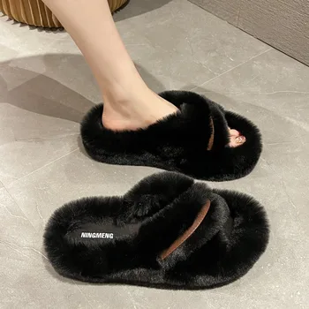 Зимни жени къща космати чехли мода изкуствена кожа топли обувки приплъзване на апартаменти женски дома слайдове плътен цвят плюшени вътрешни чехли