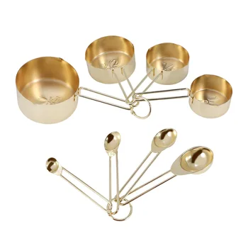 Златни мерителни чаши Комплект мерителни лъжици Неръждаема стомана 8 PIECE сухи и течни съставки Прибори за готвене