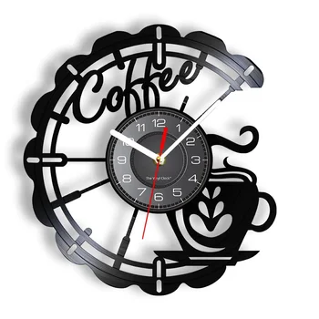 Кафе чаша изрязани Longplay стена часовник кухня декор кафе къща кафе знак черен безшумен висящи стенен часовник подаръци за бариста