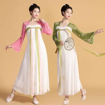 Класическа танцова рокля Жени Елегантно дълго тяло чар марлеви дрехи фея китайски танц изпълнение бял танц Tang династия ханфу