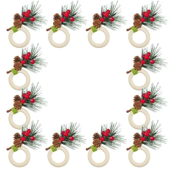 Коледни борови шишарки Комплект пръстени за салфетки от 12,Бери и борови иглички със сняг Xmax държачи за салфетки за декорации