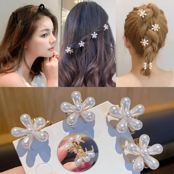 Корейски мини перлен нокът за коса за жени момичета ретро кристал цвете малки фиби коса раци клип момиче аксесоари за коса