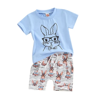 Малко дете бебе момче Великден облекло сладък зайче къс ръкав тениска отгоре и еластични шорти комплект момчета летни дрехи
