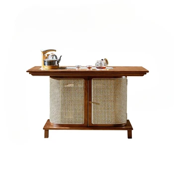 Масивна дървена ратанова тъкана маса за чай и стол, малък балкон, нов китайски стил Zen чай за пиене на маса и стол комбинация