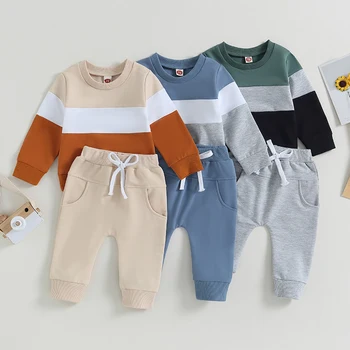 Мода Детски Бебе Момчета Есенни облекла Комплекти Контрастен цвят Тениски с дълъг ръкав Суитшърти + Панталони с шнур Ежедневни анцузи